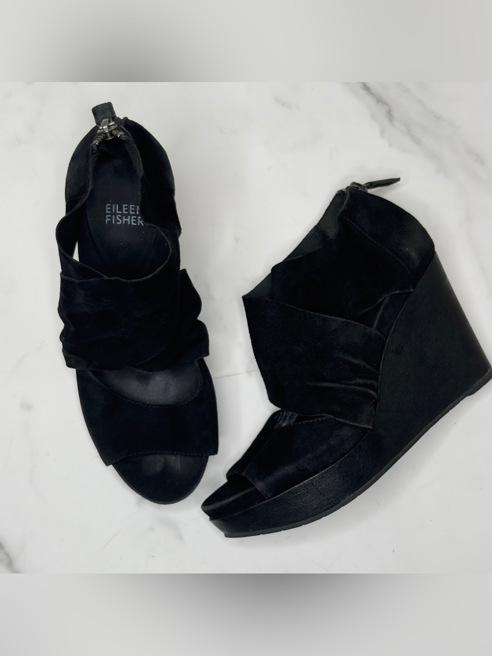 Eileen Fisher Draw Draped Suede Platform Wedge Sandals Criss Cross Strap, Black